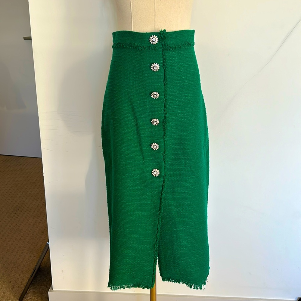 Size S Zara green tweed midi skirt with front slit and jeweled buttons.